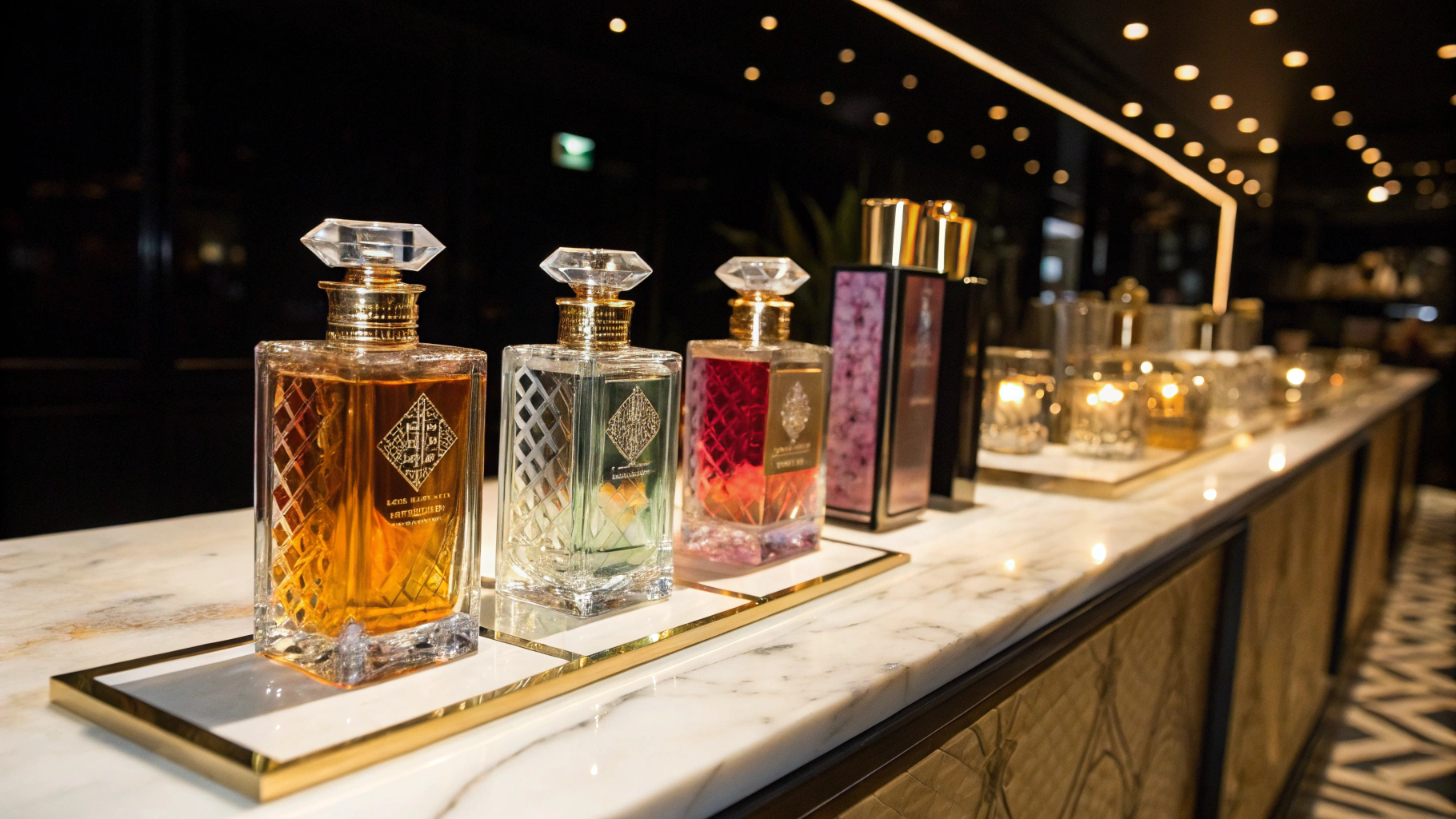 Warm gold-lit luxury perfume flacons in boutique atelier setting