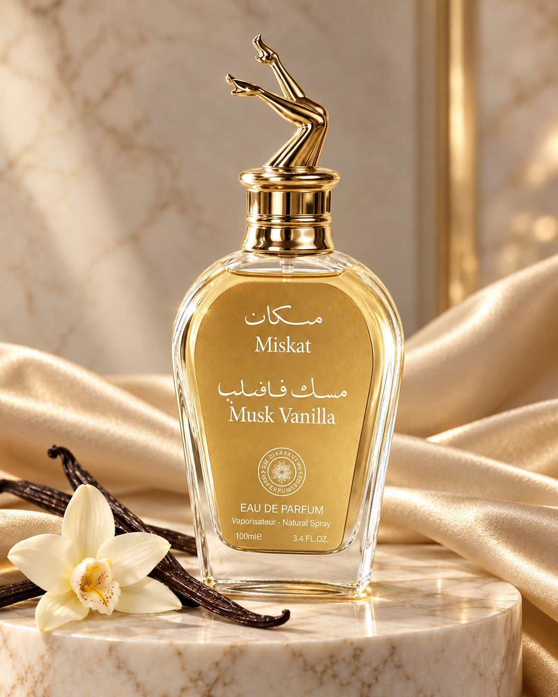 Single bottle on marble pedestal with orchid and champagne silk, marble wall background