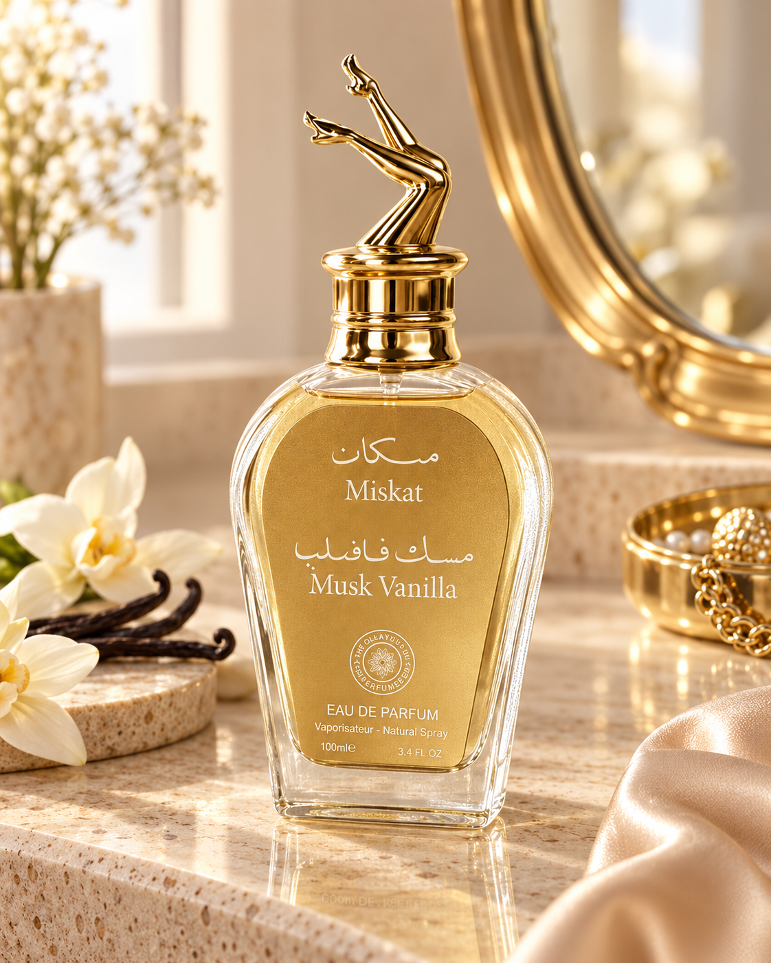 Single bottle on a vanity with round mirror, orchids and jewelry bowl